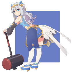 Rule 34 | 1girl, beatrice (rune factory), blue eyes, breasts, dress, full body, grey hair, jito, leaning forward, leaning on weapon, long hair, mallet, rune factory, rune factory 5, short dress, small breasts, solo, thighhighs, white thighhighs