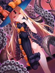 Rule 34 | 1girl, abigail williams (fate), abigail williams (second ascension) (fate), asymmetrical legwear, black bow, black hat, black panties, black thighhighs, blonde hair, blush, bow, commentary request, dutch angle, evil grin, evil smile, fate/grand order, fate (series), feet, grin, hand up, hat, hat bow, highres, kasaran, keyhole, knee up, legs, long hair, no shoes, orange bow, panties, parted bangs, red eyes, revealing clothes, single thighhigh, sitting, skull print, smile, soles, solo, stuffed animal, stuffed toy, suction cups, teddy bear, tentacles, thighhighs, toes, topless, underwear, uneven legwear, v-shaped eyebrows, very long hair, witch hat