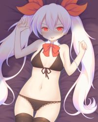 Rule 34 | 1girl, azur lane, bed sheet, bikini, black bikini, black thighhighs, blush, bow, breasts, cameltoe, closed mouth, collar, commentary request, cowboy shot, detached collar, front-tie bikini top, front-tie top, glowing, glowing eyes, gluteal fold, hair between eyes, hair ribbon, hands up, highres, long hair, looking at viewer, lying, medium breasts, navel, on back, red bow, red eyes, red ribbon, ribbon, sakurato ototo shizuku, solo, swimsuit, thigh gap, thighhighs, tongue, tongue out, twintails, v-shaped eyebrows, vampire (azur lane), very long hair, white collar, white hair, wing collar
