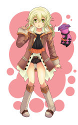 Rule 34 | 1girl, alvin (tales), alvin (tales) (cosplay), alvin (tales of xillia) (cosplay), blonde hair, boots, coat, cosplay, ascot, creature, elize lutus, full body, green eyes, highres, knee boots, kuroro (3619105), long hair, short shorts, shorts, smile, solo, tales of (series), tales of xillia, teepo (tales)