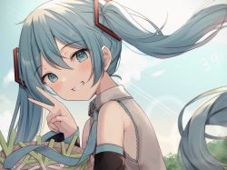 Rule 34 | 1girl, absurdres, amai melo, armpits, basket, blue eyes, blush, collar, detached sleeves, floating hair, food, grin, hair ornament, hatsune miku, head tilt, highres, light rays, long hair, long sleeves, looking at viewer, looking back, necktie, outdoors, shirt, sky, sleeveless, sleeveless shirt, smile, solo, spring onion, turning head, twintails, v, vocaloid