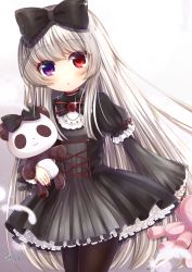 Rule 34 | 1girl, :o, black bow, black dress, black pantyhose, blush, bow, commentary request, dress, fingernails, gothic lolita, gradient background, grey background, hair bow, heterochromia, highres, holding, holding stuffed toy, layered sleeves, lolita fashion, long hair, long sleeves, looking at viewer, nail polish, hugging object, original, pantyhose, parted lips, puffy short sleeves, puffy sleeves, purple eyes, red eyes, red nails, short over long sleeves, short sleeves, sidelocks, signature, silver hair, solo, sparkle, stuffed animal, stuffed panda, stuffed rabbit, stuffed toy, very long hair, white background, wide sleeves, yukiyuki 441