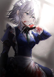 Rule 34 | 1girl, absurdres, apron, black gloves, blood, blood on clothes, blood on face, blue dress, blue eyes, braid, closed mouth, collared shirt, commentary, cowboy shot, dress, gloves, green necktie, grey hair, hair between eyes, highres, izayoi sakuya, juliet sleeves, lips, long sleeves, looking down, maid apron, maid headdress, medium hair, necktie, puffy sleeves, rokuya (68 zusao), shirt, signature, sleeve cuffs, solo, touhou, twin braids, white apron, white shirt
