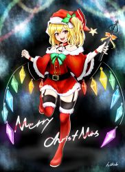 Rule 34 | 1girl, :d, artist name, bad id, bad pixiv id, bare shoulders, bell, belt, black belt, black thighhighs, blonde hair, boots, bow, christmas, collar, flandre scarlet, full body, fur trim, garter straps, green bow, hair bell, hair between eyes, hair ornament, hat, highres, hikkub, holly hair ornament, laevatein, merry christmas, neck bell, open mouth, red eyes, red footwear, santa hat, side ponytail, smile, solo, standing, standing on one leg, star (symbol), thigh boots, thighhighs, thighhighs under boots, touhou, wristband