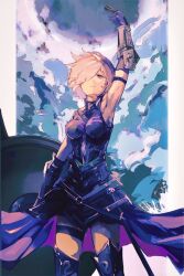 Rule 34 | 1girl, arm strap, arm up, armor, armored dress, armpits, asymmetrical bangs, black dress, black gloves, boobplate, boots, breastplate, breasts, cloud, commentary request, cowboy shot, dress, elbow gloves, fate/grand order, fate (series), gloves, greaves, hair over one eye, holding, holding shield, jiandao shou victory, looking afar, lord camelot (fate), mash kyrielight, medium breasts, purple eyes, purple hair, shield, short dress, short hair, sky, sleeveless, sleeveless dress, solo, thigh boots, thigh strap, vambraces, waist cape