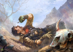 Rule 34 | 1boy, aestium ~dawn of hope~, artist name, bird, black hair, blood, blue sky, blurry, bottle, brown gloves, day, depth of field, from side, gloves, highres, lying, male focus, mountain, open mouth, skull, sky, solo, tree, water, watermark, yan kyohara