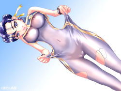 Rule 34 | 1girl, artist request, blue bodysuit, blue eyes, blue hair, bodysuit, breasts, cameltoe, capcom, chun-li, double vertical stripe, large breasts, matching hair/eyes, nipples, pussy, see-through, see-through bodysuit, skin tight, smile, solo, street fighter, torn clothes, uncensored, underboob