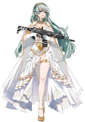 Rule 34 | 1girl, aqua hair, assault rifle, blue eyes, braid, breasts, cleavage, cloak, cz-805, cz-805 (girls&#039; frontline), cz-805 (golden memories) (girls&#039; frontline), cz 805 bren, dress, earrings, french braid, girls&#039; frontline, gloves, gun, hairband, high heels, highres, holding, holding weapon, jewelry, long hair, looking at viewer, medium breasts, necklace, official art, open mouth, pantyhose, rifle, smile, solo, standing, weapon, white cloak, white dress, white gloves, white pantyhose, yellow footwear, zhuxiao517