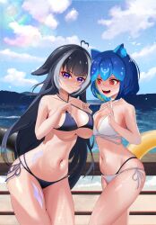 Rule 34 | 2girls, absurdres, ahoge, animal ears, bao (vtuber), bikini, black bikini, black hair, blue hair, blue sky, body markings, breasts, cleavage, cloud, commentary, criss-cross halter, english commentary, fang, fu xi (su uimi), halterneck, heart, heart-shaped pupils, heart ahoge, highres, indie virtual youtuber, large breasts, long hair, looking at another, looking at viewer, medium hair, multicolored hair, multiple girls, navel, open mouth, orca girl, purple eyes, red eyes, shylily, side-tie bikini bottom, sky, streaked hair, swimsuit, symbol-shaped pupils, virtual youtuber, water, whale girl, white bikini, white hair