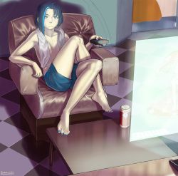 Rule 34 | 1girl, agemmata, artist name, bad id, bad pixiv id, barefoot, blue eyes, blue hair, blue nails, breasts, can, coffee table, controller, couch, crossed legs, door, feet, hologram, matching hair/eyes, multicolored hair, mushroom, nail polish, original, remote control, short hair, shorts, sitting, small breasts, solo, streaked hair, table, toenail polish, toenails, topfreedom, topless, towel, towel around neck, two-tone hair