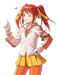 Rule 34 | 1girl, character request, commentary request, copyright request, cowboy shot, gloves, green eyes, grin, hair ribbon, hand on own hip, heart, highres, jewelry, long hair, looking at viewer, one eye closed, pantyhose, pleated skirt, ribbon, shirt, skirt, smile, solo, tantaka, twintails, white background, white gloves, white shirt, yellow ribbon