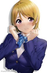 Rule 34 | 1girl, absurdres, blue bow, blue bowtie, blush, bow, bowtie, brown hair, closed mouth, food, food on face, highres, koizumi hanayo, long hair, looking at viewer, love live!, love live! school idol project, nakano maru, pink eyes, rice, rice on face, school uniform, short hair, simple background, solo, twitter username, upper body, white background