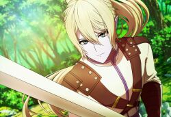 1boy blonde_hair blue_eyes chest_harness colored_skin commentary_request dragon_quest dragon_quest_x elf_(dq10) floating_hair forest hair_between_eyes hakuou_(dq10) harness highres holding holding_sword holding_weapon male_focus nature nikon_(user_aznh7528) outdoors pink_skin pointy_ears ponytail smirk solo sword upper_body weapon