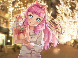 Rule 34 | 1girl, akajiyuuki, blue eyes, bow, christmas, coat, earrings, gift, gift bag, grin, hair bow, hairband, highres, holding, holding gift, holly, jewelry, laura la mer, long hair, looking at viewer, pink bow, precure, purple hair, red bow, red hairband, smile, solo, thick eyebrows, tropical-rouge! precure, upper body, white coat