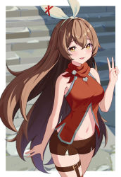 Rule 34 | 1girl, :d, alternate costume, amber (genshin impact), atto illust, bare arms, bare shoulders, belt, blush, border, bow hairband, breasts, brown hair, crossed bangs, genshin impact, hair flaps, hairband, hand up, highres, long hair, looking at viewer, medium breasts, navel, open mouth, parted lips, red shirt, shirt, short shorts, shorts, smile, solo, stairs, standing, thigh belt, thigh strap, thighs, v, white border, yellow eyes