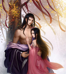 Rule 34 | 1boy, 1girl, arm around waist, black hair, brown eyes, character request, circlet, collarbone, dress, hand on another&#039;s chest, highres, jian xia qing yuan (series), jianxia qingyuan (series), jianxia qingyuan online 3, leaf, long hair, muscular, pink dress, sanmeosore ryuuebi, tree