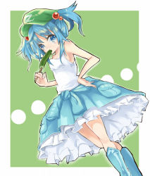 Rule 34 | 1girl, adapted costume, blue eyes, blue footwear, blue hair, boots, cucumber, dress, eating, hair bobbles, hair ornament, hand on own hip, hat, highres, kawashiro nitori, matching hair/eyes, rubber boots, simple background, solo, touhou, twintails, two side up, zhu xiang