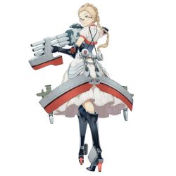 Rule 34 | admiral graf spee, boots, braid, corset, full body, hair slicked back, high heel boots, high heels, official art, plant, salmon88, simple background, single braid, solo, standing, tagme, victory belles, white background