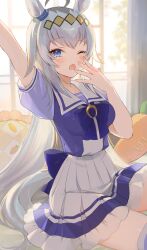 Rule 34 | 1girl, ;o, ahoge, animal ears, arm up, backlighting, blue eyes, blush, carrot-shaped pillow, commentary, covering own mouth, day, frilled skirt, frills, grey hair, highres, horse ears, horse girl, horse tail, indoors, kkokko, long hair, looking at viewer, oguri cap (umamusume), one eye closed, open mouth, pleated skirt, purple shirt, sailor collar, school uniform, serafuku, shirt, sitting, skirt, solo, sunlight, tail, tears, umamusume, very long hair, waking up, white sailor collar, white skirt, window, yawning