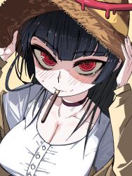 Rule 34 | 1girl, black hair, blue archive, blunt bangs, blush, brown jacket, buttons, choker, dress, food, food in mouth, go d e, hat, highres, holding, holding clothes, holding hat, jacket, long hair, off shoulder, pocky, pocky in mouth, red eyes, ringed eyes, simple background, solo, straw hat, sweat, tsurugi (blue archive), upper body, white dress, yellow background