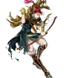 Rule 34 | 1boy, arrow (projectile), belt, boots, bow (weapon), cape, fire emblem, fire emblem: path of radiance, fire emblem heroes, full body, green eyes, highres, long hair, male focus, nintendo, official art, ponytail, quiver, red hair, shinon (fire emblem), solo, teeth, torn clothes, transparent background, wada sachiko, weapon