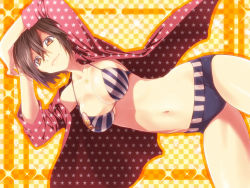 Rule 34 | 1girl, bikini, breasts, brown eyes, brown hair, checkered background, highres, large breasts, looking at viewer, meiko (vocaloid), navel, open clothes, open shirt, oumi sanaka, sanaka777, shirt, short hair, smile, solo, sparkle, star (symbol), swimsuit, unmoving pattern, vocaloid
