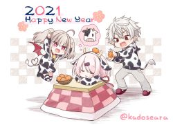 Rule 34 | 1boy, 2021, 2girls, :d, ahoge, animal ears, animal print, arms up, basket, black footwear, blush, boots, checkered background, chinese zodiac, collared shirt, commentary request, cow ears, cow hood, cow horns, cow print, cow tail, demon wings, ear piercing, earrings, fake animal ears, fake horns, fang, food, fruit, grey hair, grey pants, hair between eyes, hair ribbon, hairband, happy new year, heart, heart tail, high heel boots, high heels, highres, holding, holding food, hood, hood down, hoodie, horns, horns pose, jewelry, kadose ara, kotatsu, kuzuha (nijisanji), long hair, low ponytail, makaino ririmu, mandarin orange, multiple girls, new year, nijisanji, open mouth, pants, piercing, pink hair, pointy ears, ponytail, print hoodie, print shirt, print skirt, red eyes, red footwear, red ribbon, red wings, ribbon, shiina yuika, shirt, skirt, slippers, smile, standing, striped clothes, striped legwear, striped thighhighs, table, tail, thighhighs, thighhighs under boots, twintails, twitter username, v-shaped eyebrows, very long hair, virtual youtuber, white hairband, white hoodie, wings, year of the ox
