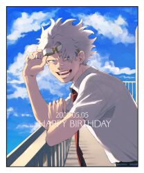 Rule 34 | 1boy, against railing, bandaid, bandaid on face, bandaid on nose, black pants, blue eyes, boku no hero academia, border, dated, from side, goggles, goggles on head, happy birthday, highres, looking at viewer, loud cloud, male focus, necktie, open mouth, outdoors, pants, railing, red necktie, rnuyvm, rooftop, shirt, short hair, solo, teeth, white border, white hair, white shirt