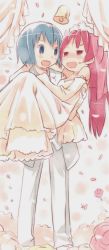 Rule 34 | 10s, 2girls, bare shoulders, bell, blue eyes, blue hair, blush, carrying, dress, elbow gloves, flower, formal, gloves, good end, grief syndrome, hair ornament, highres, long hair, mahou shoujo madoka magica, mahou shoujo madoka magica (anime), miki sayaka, mizu asato, multiple girls, non-web source, open mouth, pant suit, pants, petals, princess carry, red hair, reverse trap, rose, sakura kyoko, short hair, smile, suit, wedding, wedding dress, white suit, wife and wife, yuri