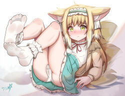 Rule 34 | 1girl, animal ear fluff, animal ears, ankle garter, aqua hairband, aqua skirt, arknights, ass, bare legs, blonde hair, blush, boppin, brown cardigan, cameltoe, cardigan, closed mouth, collared shirt, feet, female focus, fox ears, fox girl, fox tail, frilled hairband, frilled skirt, frills, full body, hairband, highres, legs, legs up, long hair, looking at viewer, lying, multiple tails, no shoes, nose blush, official alternate costume, panties, see-through, see-through legwear, shirt, sidelocks, signature, skirt, socks, soles, solo, spread toes, suzuran (arknights), tail, toes, underwear, white panties, white shirt, white socks, yellow eyes