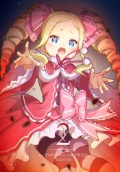Rule 34 | beatrice (re:zero), blonde hair, blue eyes, butterfly-shaped pupils, capelet, crying, crying with eyes open, dress, drill hair, frilled dress, frilled sleeves, frills, fur-trimmed capelet, fur trim, highres, kumuo (mirakurufusao), open mouth, outstretched arms, pantyhose, re:zero kara hajimeru isekai seikatsu, ribbon, solo, symbol-shaped pupils, tears, twin drills, wide-eyed