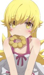 Rule 34 | 1girl, absurdres, bare shoulders, blonde hair, blush stickers, camui1104, collarbone, doughnut, food, hair between eyes, highres, long hair, looking at viewer, monogatari (series), mouth hold, oshino shinobu, simple background, smile, solo, white background, yellow eyes