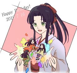 Rule 34 | 1girl, birthday, black hair, blunt bangs, blush, bow, commentary request, dated, gintama, green eyes, hair bow, haori, happy birthday, high ponytail, highres, japanese clothes, kimono, long hair, multiple persona, obi, open hands, open mouth, ponytail, sash, sidelocks, smile, solo, tokugawa soyo, wide sleeves, yatsuo