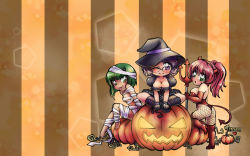 Rule 34 | 3girls, artist name, ass, bandages, boots, breasts, chibi, cleavage, curly hair, dark-skinned female, dark skin, demon horns, demon tail, fishnets, glasses, gloves, green eyes, green hair, halloween, hat, horns, jack-o&#039;-lantern, large breasts, leotard, multiple girls, mummy, one eye closed, original, pink hair, polearm, pumpkin, purple hair, red leotard, sitting, smile, striped, striped background, tail, tetisuka, tongue, tongue out, trident, wallpaper, weapon, witch, witch hat