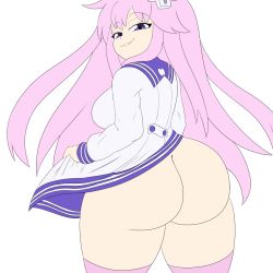 Rule 34 | 1girl, ass, bottomless, breasts, d-pad, d-pad hair ornament, hair ornament, highres, huge ass, large breasts, long hair, looking at viewer, looking back, mechspazer, nepgear, neptune (series), purple eyes, purple hair, solo, thick thighs, thighs, white background