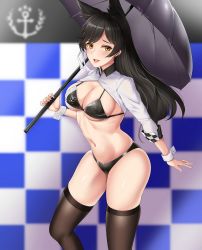 Rule 34 | 1girl, animal ears, atago (azur lane), atago (azur lane) (cosplay), atago (stunning speedster) (azur lane), azur lane, bikini, black bikini, black hair, black thighhighs, breasts, checkered flag, cleavage, cosplay, cowboy shot, dog ears, extra ears, flag, highleg, highleg bikini, highres, large breasts, long hair, looking at viewer, matrix16, mole, mole under eye, official alternate costume, race queen, sleeve cuffs, smile, solo, swept bangs, swimsuit, thighhighs, thighs, two-tone bikini, wrist cuffs