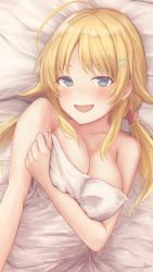 Rule 34 | 1girl, ahoge, bare shoulders, bed sheet, blonde hair, blue eyes, blush, breast hold, breasts, cleavage, collarbone, gameso, hachimiya meguru, hair ornament, hairclip, highres, idolmaster, idolmaster shiny colors, long hair, looking at viewer, low twintails, lying, medium breasts, naked sheet, naughty face, on back, open mouth, signature, smile, solo, twintails, upper body