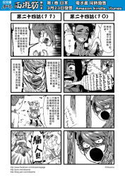 Rule 34 | 4koma, :o, anger vein, check translation, chinese text, circlet, comic, detached sleeves, earrings, gender request, genderswap, highres, hong hai-er, jewelry, journey to the west, licking, monochrome, multiple 4koma, niu mo wang, open mouth, otosama, ponytail, scar, scar across eye, scar on face, staff, sun wukong, surprised, translation request