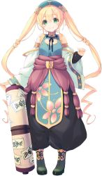 Rule 34 | 1girl, aquaplus, blonde hair, boots, detached sleeves, dungeon travelers 2, erthuricia vitor de ritzhevin, full body, green eyes, headdress, highres, kokonoka, long hair, looking at viewer, official art, scroll, smile, solo, transparent background, twintails, very long hair