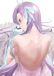 Rule 34 | 1girl, absurdly long hair, absurdres, aqua ribbon, back, back focus, backless dress, backless outfit, blue eyes, blush, character name, copyright name, cyrilashnmsh, dress, fate/grand order, fate (series), from behind, hair ribbon, highres, long hair, looking at viewer, meltryllis (fate), nape, parted lips, prosthesis, prosthetic leg, purple hair, ribbon, self hug, sitting, solo, twitter username, very long hair, wariza