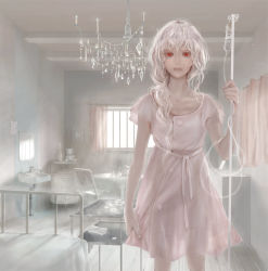 Rule 34 | 1girl, 8981, albino, album cover, bad id, bad pixiv id, bars, bed, chair, chandelier, colored eyelashes, cover, crazy, curly hair, dress, eyelashes, highres, hospital bed, hospital gown, intravenous drip, lips, long hair, looking at viewer, nose, original, pale color, red eyes, silhouette, sink, solo, stuffed animal, stuffed toy, sunlight, table, teddy bear, tray, white hair, white theme, window
