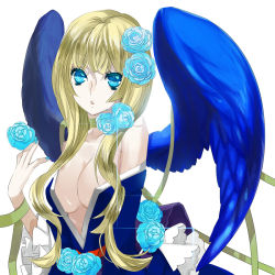 Rule 34 | 1girl, :o, angel, bare shoulders, blonde hair, blue eyes, blue nails, breasts, choker, cleavage, flower, frills, gathers, long hair, mami (apsaras), nail polish, off shoulder, open mouth, original, ribbon, solo, wings