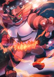 Rule 34 | absurdres, claws, clenched hand, collarbone, colored sclera, commentary request, creatures (company), fire, game freak, gen 7 pokemon, green eyes, highres, incineroar, nintendo, pectorals, pokemon, pokemon (creature), sharp teeth, shukou akanaru (trabel), smile, solo, standing, teeth, yellow sclera