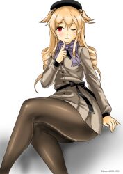 Rule 34 | 1girl, black pantyhose, brown dress, commentary request, dress, facing viewer, kantai collection, kudou (ooabareteng), light brown hair, long hair, murasame (kancolle), murasame kai ni (kancolle), official alternate costume, pantyhose, purple scarf, red eyes, scarf, sideways glance, simple background, sitting, solo, twintails, two side up, white background