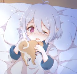Rule 34 | 1girl, animal, antenna hair, araki495, bed sheet, blush, brown eyes, collared shirt, commentary request, dog, eyes visible through hair, grey hair, grey shirt, hair between eyes, kokkoro (princess connect!), long sleeves, lying, nose blush, on back, one eye closed, open mouth, pillow, pointy ears, princess connect!, shirt, solo
