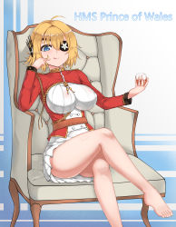 Rule 34 | 1girl, absurdres, ahoge, barefoot, blue eyes, blush, chair, character name, closed mouth, crossed legs, cup, drinking glass, eyepatch, feet, highres, holding, holding cup, holding drinking glass, long sleeves, looking at viewer, prince of wales (warship girls r), short hair, shou jian yu, sitting, smile, solo, tongue, tongue out, warship girls r