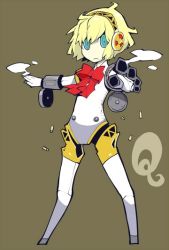 Rule 34 | 1girl, aegis (persona), android, blonde hair, blue eyes, bow, bullet casing, dowman sayman, joints, mechanical arms, persona, persona 3, persona q: shadow of the labyrinth, persona q (series), robot, robot joints, shell casing, simple background, single mechanical arm, solo