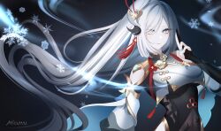 Rule 34 | 1girl, 707arisu, artist name, black background, blue eyes, chinese clothes, closed mouth, ear piercing, expressionless, genshin impact, grey hair, highres, long hair, long sleeves, multicolored hair, piercing, shenhe (genshin impact), snowflakes, solo, white hair