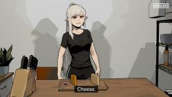 Rule 34 | 1girl, artist name, black shirt, black shorts, cheese, cheese vs. cheese (meme), commentary, cutting board, dolphin shorts, earrings, english commentary, english text, food, gogalking, highres, james may, jewelry, kitchen, knife, knife block, meme, original, photo-referenced, plant, pointy ears, potted plant, shelf, shirt, shorts, slit pupils, solo, standing, subtitled, vampire (gogalking)