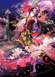 Rule 34 | 1girl, asymmetrical legwear, bell, bellflower, black eyes, black hair, black pantyhose, blunt bangs, branch, camellia, camellia print, cherry blossoms, chrysanthemum, chrysanthemum print, closed mouth, colorful, commentary request, eyebrows, floral print, flower, full body, fuzichoco, geta, hagoromo, hair flower, hair ornament, hair stick, hands in opposite sleeves, highres, japanese clothes, jewelry, jingle bell, kimono, lamppost, layered clothes, layered kimono, long hair, long sleeves, looking at viewer, looking back, mismatched legwear, morning glory, night, night sky, obi, okobo, orb, original, outdoors, pantyhose, pavement, peony (flower), petals, pink flower, platform clogs, platform footwear, print kimono, railing, red flower, ring, road, running bond, sandals, sash, see-through, shawl, sky, sleeves past wrists, smile, solo, standing, star (sky), statue, street, string, tassel, tower, very long hair, white flower, white pantyhose, wide sleeves, yellow flower